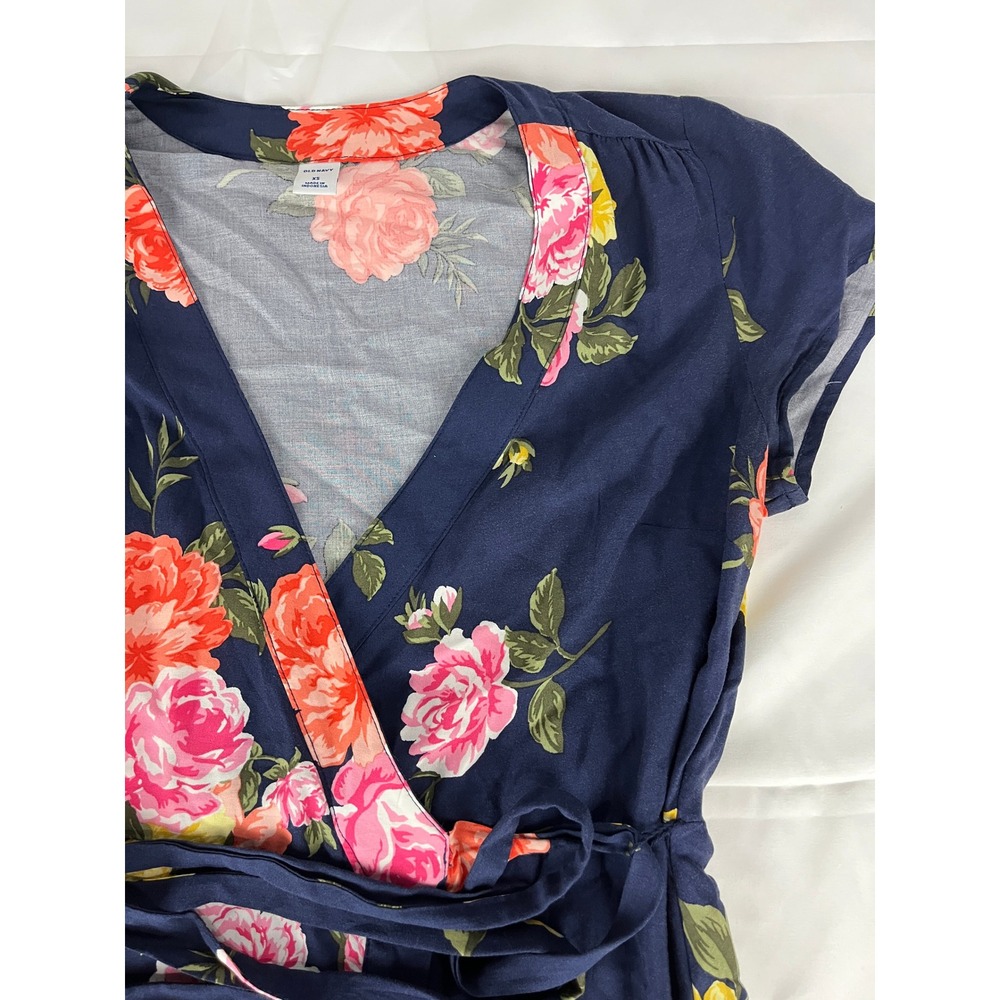 Old Navy XS Dress Wrap Floral Navy Blue Pink‎ Orange Yellow Short Sleeve